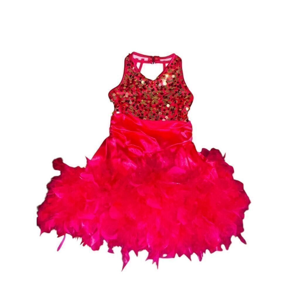 Weissman small child’s red sequin feathers dance recital jazz tap rehearsal